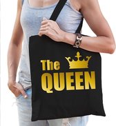 The queen katoenen tas zwart met gouden tekst en gouden kroon - tasje / shopper voor dames