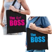 The boss en the real boss katoenen tassen zwart met blauwe / roze tekst  - tasje / shopper voor volwassenen