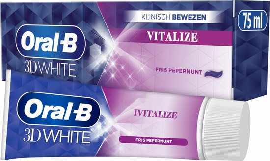 Doos en tube Oral-B 3D White Vitalize tandpasta. Klinisch bewezen formule voor wittere tanden, met frisse pepermunt smaak.