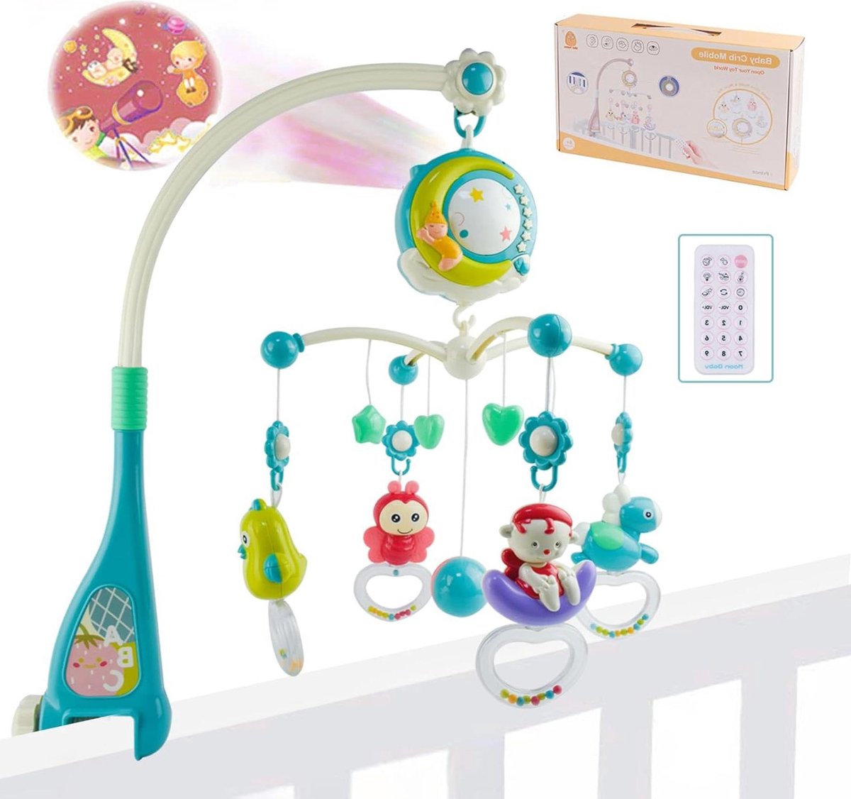 Image of 360° draaibaar babykinderbedje met verlichting en muziek - Hangende rammelaars en afstandsbediening - Timingfunctie en speelgoed - Babybedje