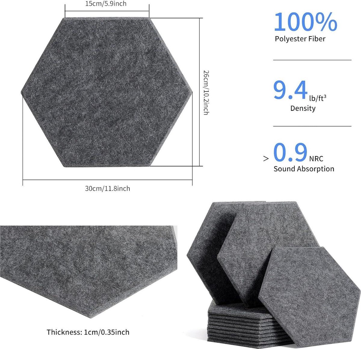 Panneaux Acoustiques - AZWIX - Hexagonaux - 12 Pièces - 30x26x09cm