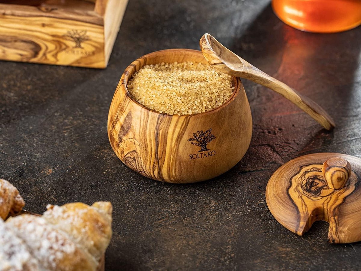 Set De 2 Boîtes à Épices SOLTAKO En Bois D'Olivier - Salière Et Sucrier Avec Cuillères - Ø 10 Cm