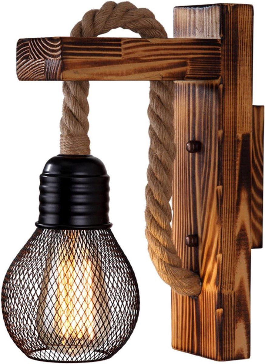 Industriële houten ijzeren henneptouw wandlamp - creatieve persoonlijkheid - vintage retro lamp voor slaapkamer