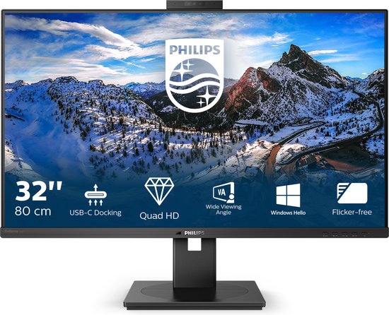 Philips 326P1H - QHD Webcam Monitor - Windows Hello - USB-C Docking - RJ45 - 90w - 32 inch