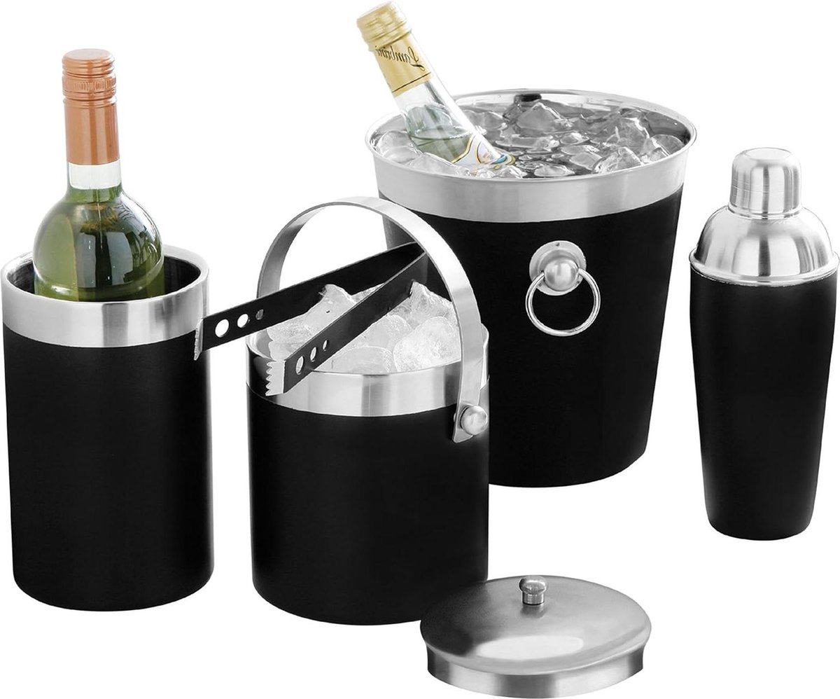 Geëmailleerde champagnekoeler - roestvrijstalen handgrepen en -rand - zwart.