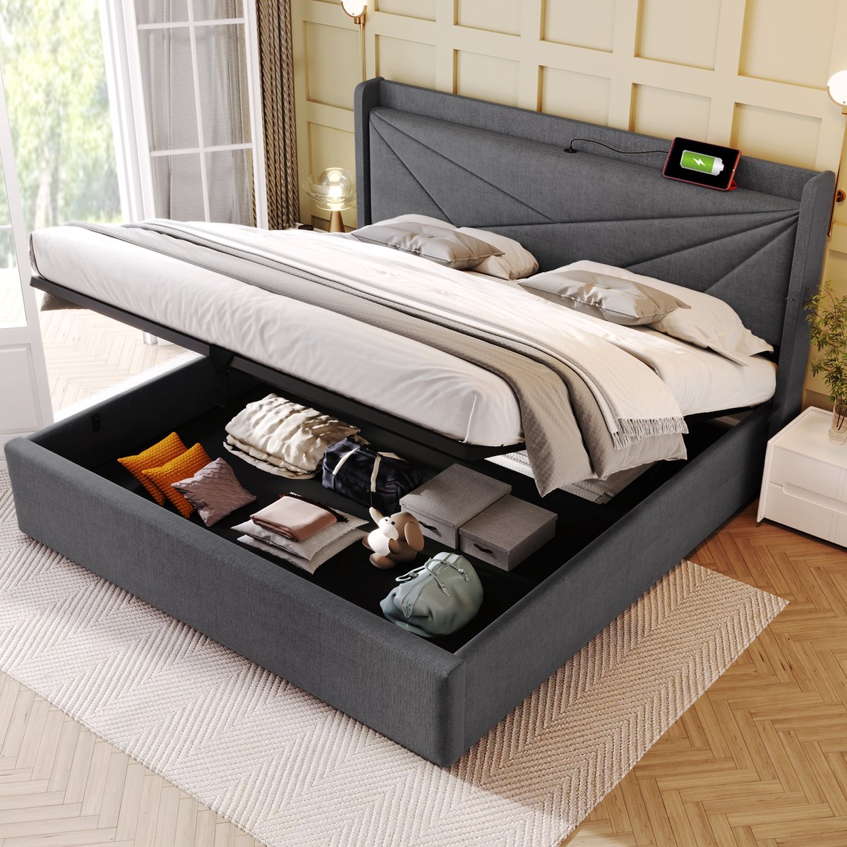 Sweiko Gestofferd bed Tweepersoonsbed Opbergdoos met USB Type-C oplaadfunctie Hoofdbord, opbergbed Linnenmateriaal bedstead 160x200cm jeugdbed met Flat noedels grille Grijs (geen matras)