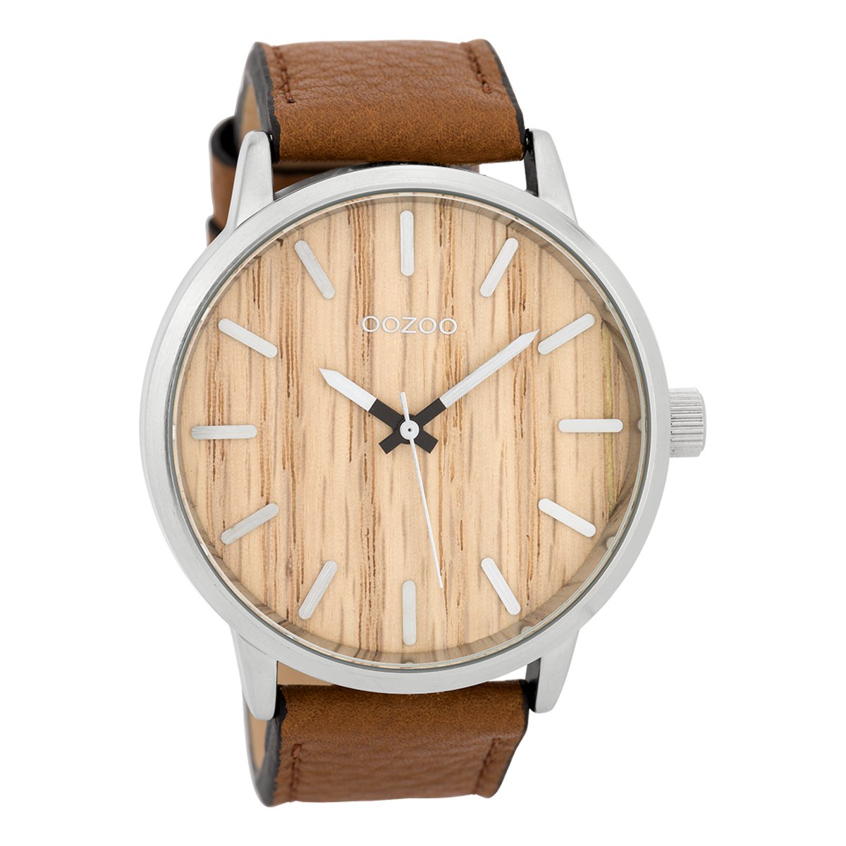 OOZOO Timepieces - Zilverkleurige horloge met cognac leren band - C9256