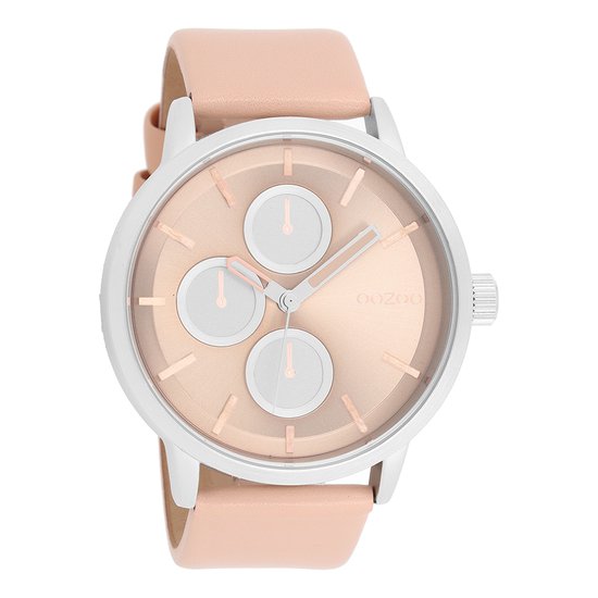 OOZOO Timepieces - Zilverkleurige horloge met oud roze leren band - C9425