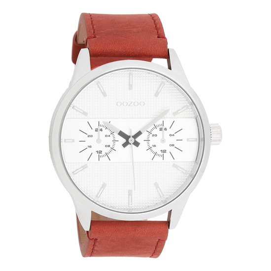 OOZOO Timepieces - Zilverkleurige horloge met cognac leren band - C10535