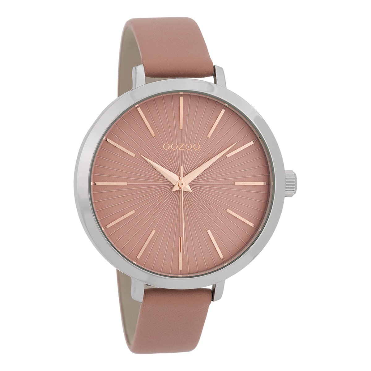 OOZOO Timepieces - Zilverkleurige horloge met warm roze leren band - C9672