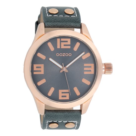 OOZOO Timepieces - Rosé goudkleurige horloge met donker blauwe leren band - C1157