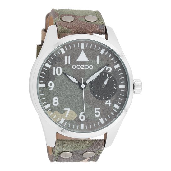 OOZOO Timepieces - Zilverkleurige horloge met camouflage leren band - C10326