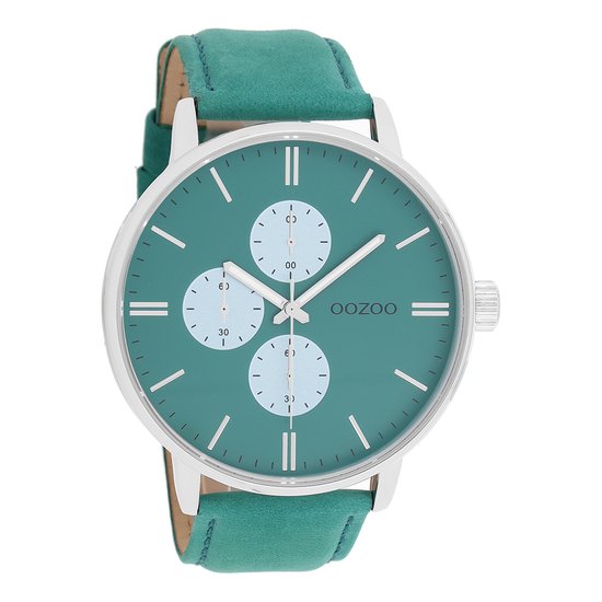 OOZOO Timepieces Zilverkleurige horloge met groene leren band C10313  bol