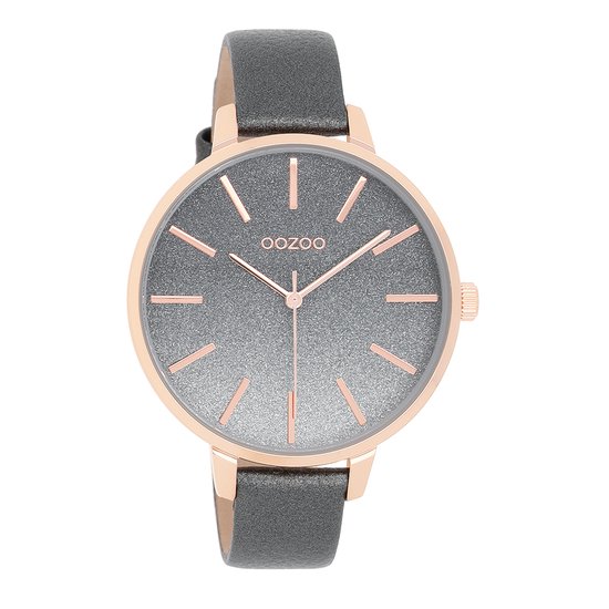 OOZOO Timepieces - Rosé goudkleurige horloge met donker grijze leren band - C11033