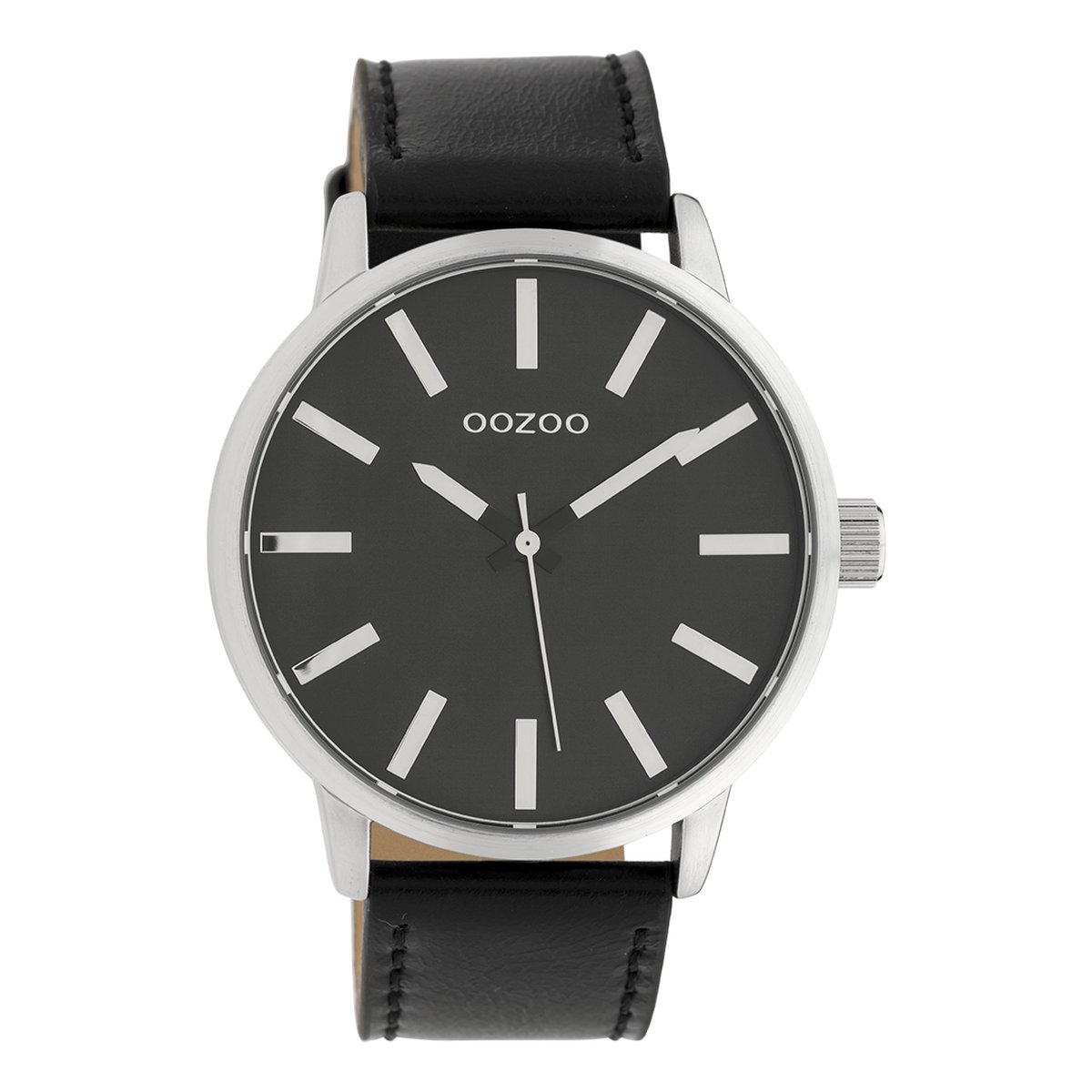 OOZOO Timepieces - Zilverkleurige horloge met zwarte leren band - C10034
