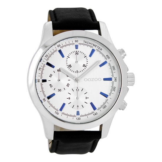 OOZOO Timepieces - Zilverkleurige horloge met zwarte leren band - C6773