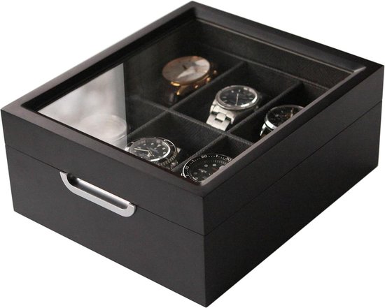 Horlogedoos 2x3 moderne zwarte afwerking met aluminium handvat - voor 6 horloges met echt glas top - Luxe opbergbox