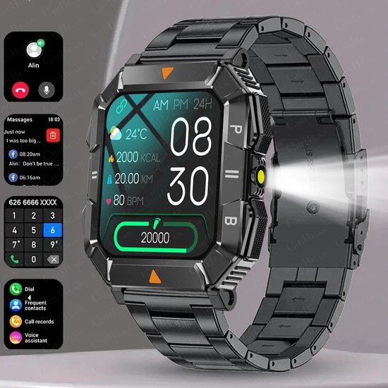 Smartwatch voor Mannen met LED Zaklamp 1 83 inch Militaire Outdoor GPS Sporthorloge bol