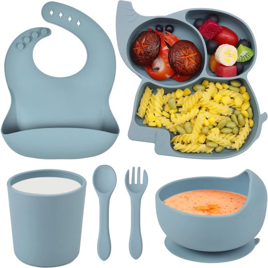 Domueay Babybord 6 Stuks Silicone Voederset Set met Verstelbare Slab,Verdeeld Bord,Zuigkom,Lepel Vork en Kop Kinderbord,Magnetron Veilig BPA-vrij Stevig voor Peuter Kind,Blauw