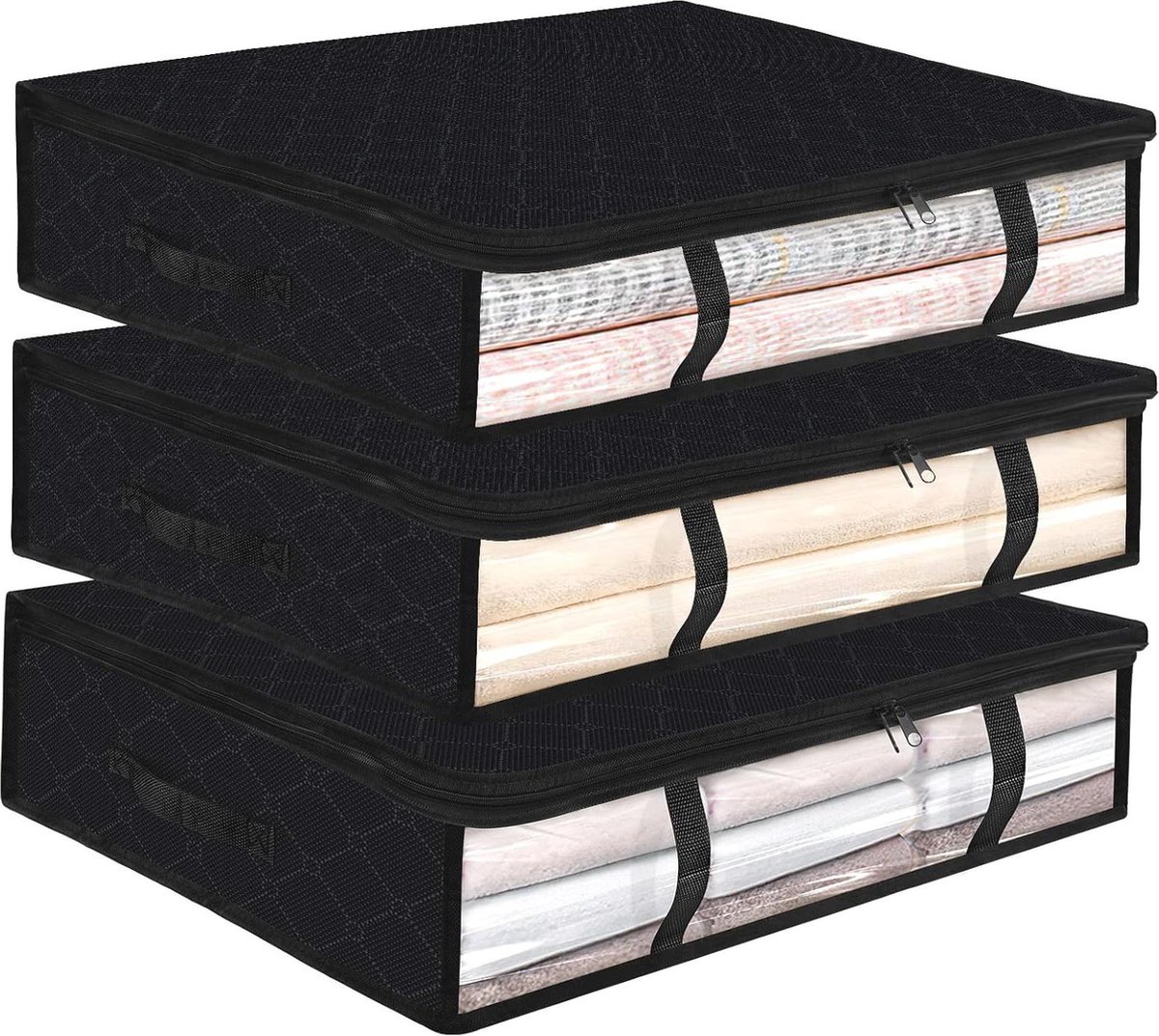 Opbergbox voor onder het bed, opbergzak voor onder het bed met venster en handvat, 59x45x15cm 3 stuks, dikke, opvouwbare non-woven stof, voor het opbergen van dekbedden, kussens, kleding, dekens (zwart)