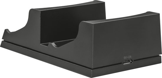 Zwarte PlayStation 4 laaddock met 5V=2A specificaties.