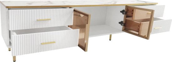 Meuble TV aspect marbre, meuble TV avec 4 pieds, 4 tiroirs structurés avec poignées dorées et deux portes en verre trempé marron, meuble TV moderne pour salon, 170*37*47,5 cm
