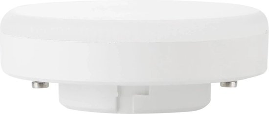 Witte, ronde LED-spot met GX53 fitting en metalen bevestigingspunten.