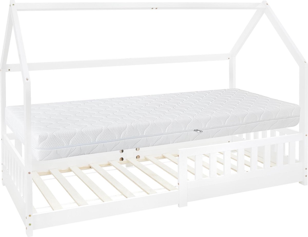 ml-design huisbed serie kinderbed 90x200 cm wit met dak lattenbodem en koudschuim matras massief grenenhout stabiel houten speelbed voor meisjes en jongens kinderhuis junior bed met valbeveiliging vloerbed in huis design voor kinderkamer