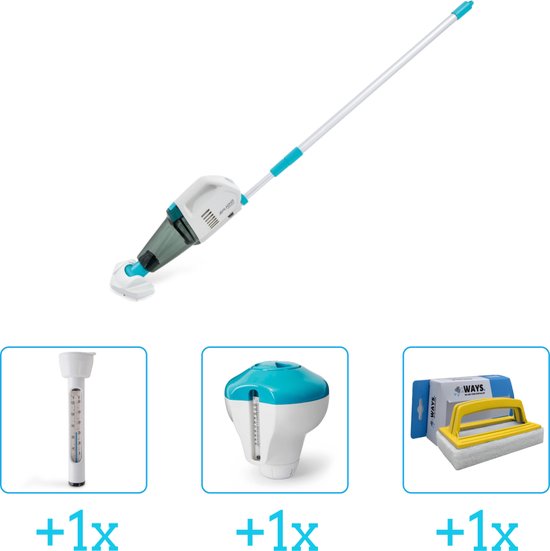 Zwembadonderhoud - Intex Zwembad stofzuiger ZR100 - Oplaadbaar - Handmatig - 28626 inclusief Thermometer - Chloordrijver en Scrubborstel - 4-delig - Ideaal voor zwembaden tot 549 m lengte - Zwembadstofzuiger