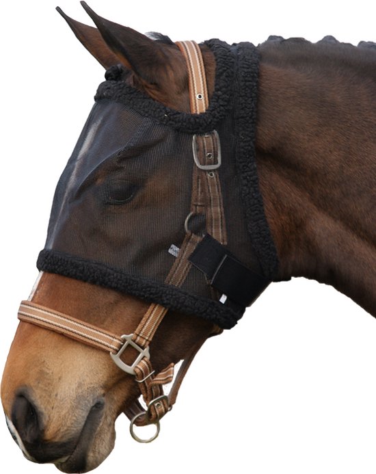 Bruin paard met zwarte vliegenkap met fleece rand en bruin gestreepte riemen.