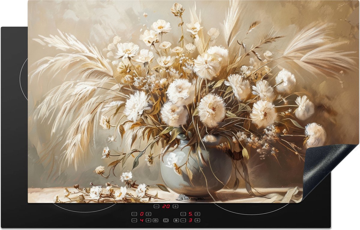 KitchenYeah® Inductie beschermer 80x50 cm - Bloemen - Boeket - Droogbloemen - Beige - Afdekplaat voor kookplaat - Inductieplaat mat - Beschermingsmat - Beschermplaat - Keuken bescherm decoratie - Afdek kookplaten