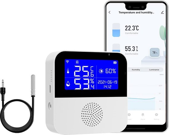 WiFi Indoor thermometer hygrometer, Tuya indoor thermometer vochtigheidssensor met achtergrondverlichting, datalogging display, babykamer (8 x 8 cm