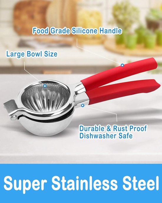 Extra grote roestvrijstalen citroenpers - Premium Heavy Duty Citroenpers Hand - Food Grade Siliconen Handvat - Ergonomische Handmatige Citruspers met Massief Metalen Pers Kom - Rood — afbeelding 5