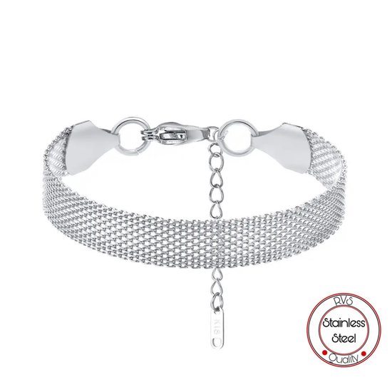 Borasi Mesh Armband Zilverkleurig | 18K Witgoud Verguld | 21 cm | Dames Armband | Elegante Armband | Dames Sieraden | Cadeau Voor Haar | Moederdag Cadeau | Verjaardag Cadeau | Luxe Geschenkzakje | Armbanden | Platte Schakel |