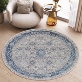 Tapiso Valley Tapis Rond Blauw à Poils Ras Tapis Vintage Taille - 80x80