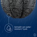 Donkergrijze, ronde solar lampion met rond paisley patroon, gemaakt van waterbestendig Tyvek.