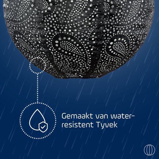 Donkergrijze, ronde solar lampion met rond paisley patroon, gemaakt van waterbestendig Tyvek.