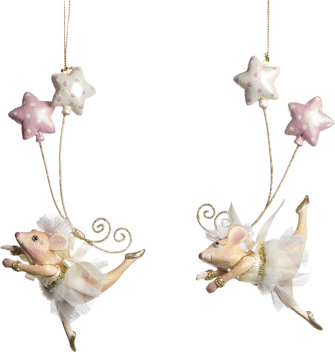 Goodwill M&G Kerstornament - Ballerina muisjes met ballonnen - set van 2 - roze wit - 18,5cm