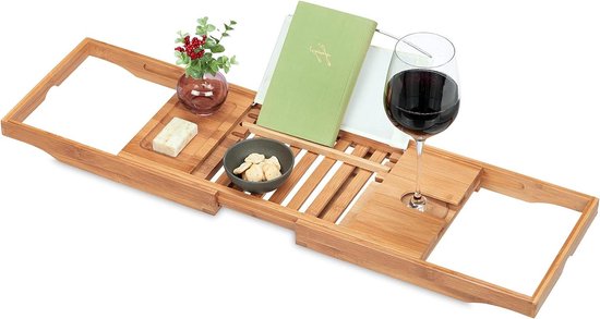 SereneLife Badplank Ontbijttray Combinatie-Badkuipplank- Natuurlijke Bamboe Waterbestendige Bed- en Badrek met Inklapbare Uitschuifbare Armen- Gleuven voor Apparaten- Wijnglashouder en Zeephouder SereneLife Badplank Ontbijttray Combinatie-Badkuipplank- Natuurlijke Bamboe Waterbestendige Bed- en Badrek met Inklapbare Uitschuifbare Armen- Gleuven voor Apparaten- Wijnglashouder en Zeephouder