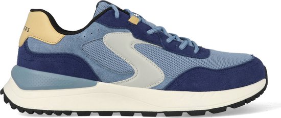 Vue latérale d'une sneaker Skechers bleue avec panneaux bleu clair et bleu foncé, talon beige et superposition grise.