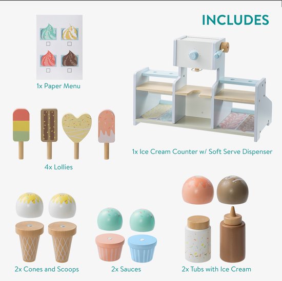 Houten ijswinkel speelgoed set met menu, 4 lollies, 2 hoorntjes met ijs, 2 sausjes, 2 ijsjes en 2 sausjes.