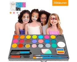 Schminkset Kinderen -Make up Kinderen - Grime Schmink palet - Kinderschmink Grimeren-20 kleuren & 3 penselen & 4 sjablonen & 2 haarkrijten & 3 glitters & 2 spons & 1 Rainbow Paint & 2 tattoostickers- veiligheidscertificering