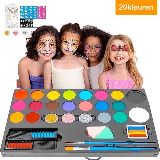 LOPHE Kinderschminkset – 42 Kleuren (16 Glitter + 26 Basis), 11 Penselen, 4 Sjablonen, 2 Stickers – Waterbasis, Niet-giftig, Voor Halloween En Carnaval