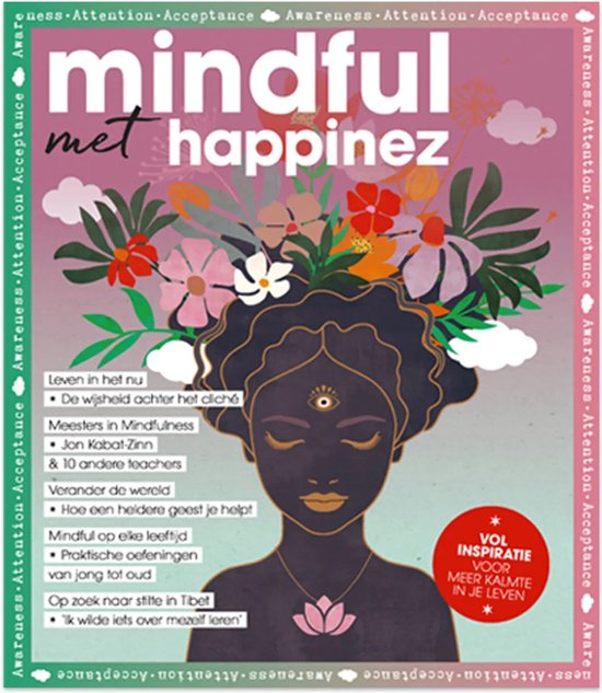 Titel 'mindful met happinez' met een illustratie van een vrouw met bloemen in haar haar en een oog op haar voorhoofd.