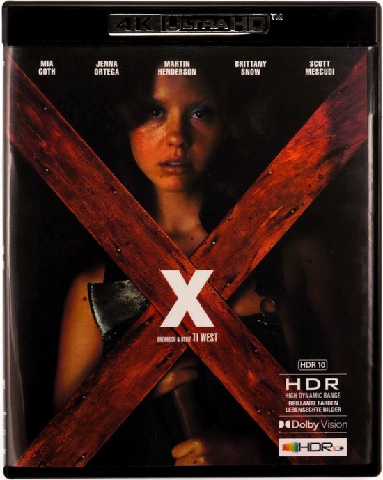 De cover van de 4K Ultra HD Blu-ray van X toont een grote rode X over een donkere achtergrond. In het midden staat de tekst 'X'. Boven de X staan de namen van de acteurs.