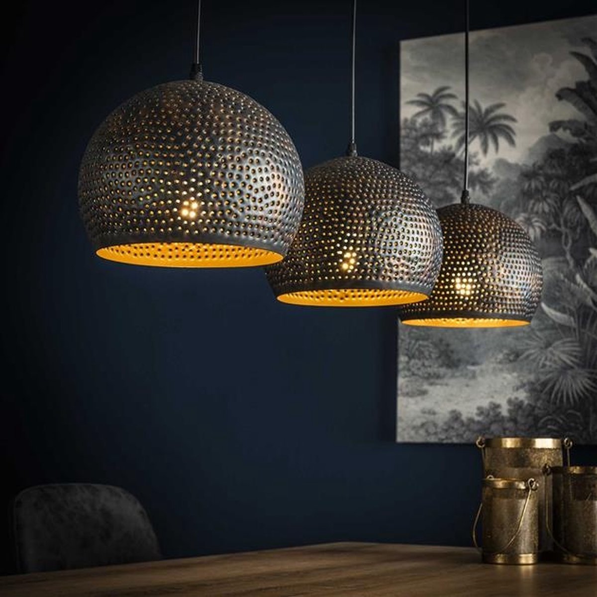 PS-Collection Punch Bol 3L Hanglamp - Ø25 cm - Zwart/Bruin - Metaal - hanglampen eetkamer, hanglamp zwart, hanglampen woonkamer, hanglamp slaapkamer, hanglamp kinderkamer, hanglamp rotan, hanglamp hout, hanglamp industrieel