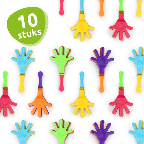 Tien mini klaphandjes in diverse kleurcombinaties verspreid.