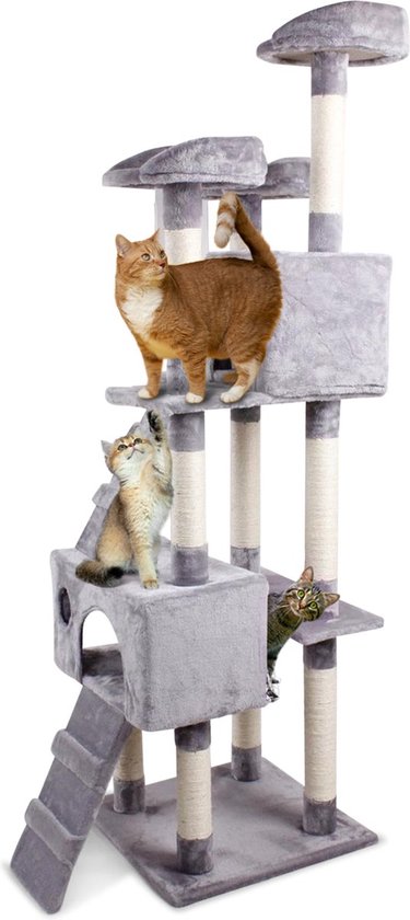 Foto: Kat krab paal kitty deluxe luxe stevige katten krabpaal voor katten grote krab paal klimpaal met hangmat mand katten huis tunnel speel touw grijs zwart