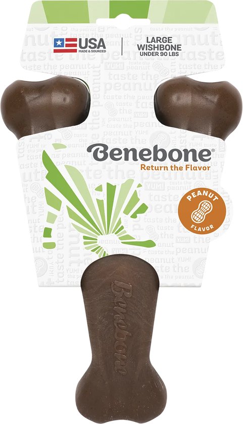 Benebone Large Wishbone hondenkluif met pindakaassmaak in verpakking met 'USA Made & Sourced' logo.