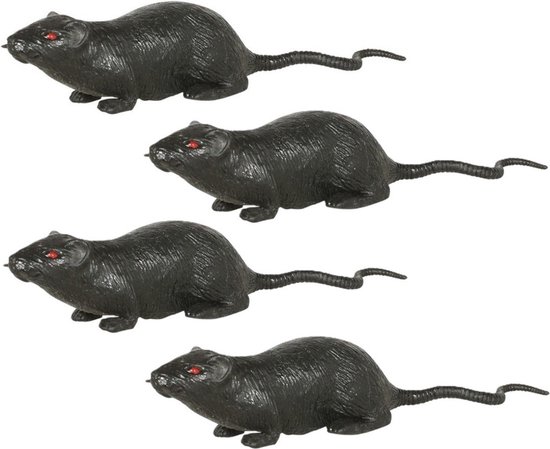 Grote plastic rat - 4x - donkergrijs - 20 cm - met rode ogen - enge namaak dieren - Halloween/horror decoratie/versiering